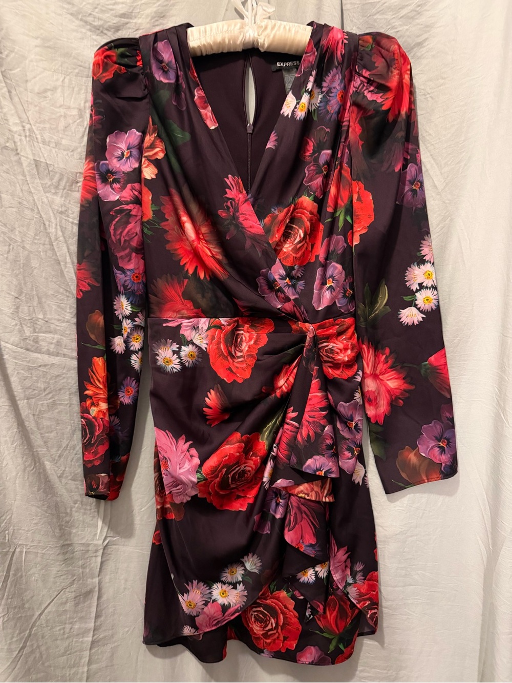 Express Floral Wrap Mini Dress in Purple with Red and Pink Blooms